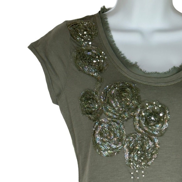 Willi Smith Green Metallic Beaded Embellished Cap Sleeve Cotton T-shirt Small - Picture 6 of 12